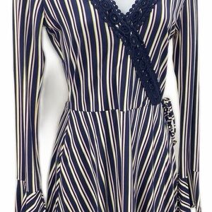 love, Fire Navy Striped Wrap Dress with Lace Trim